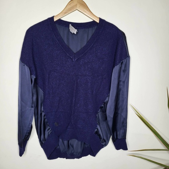 Amanda Wakeley Satin Paneled Cashmere and Wool Blend Sweater Navy - Picture 5 of 11